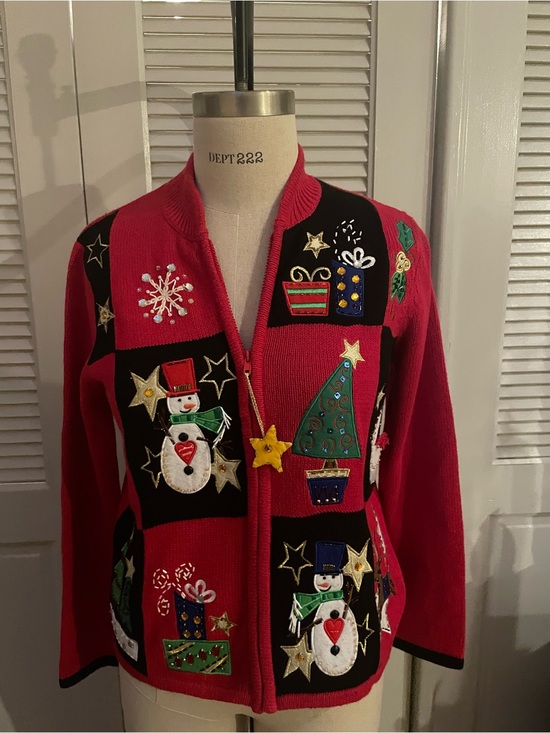 Tiara International Sweaters - Vintage Ugly Christmas Holiday Patchwork Zip-Front Women’s Sweater Medium